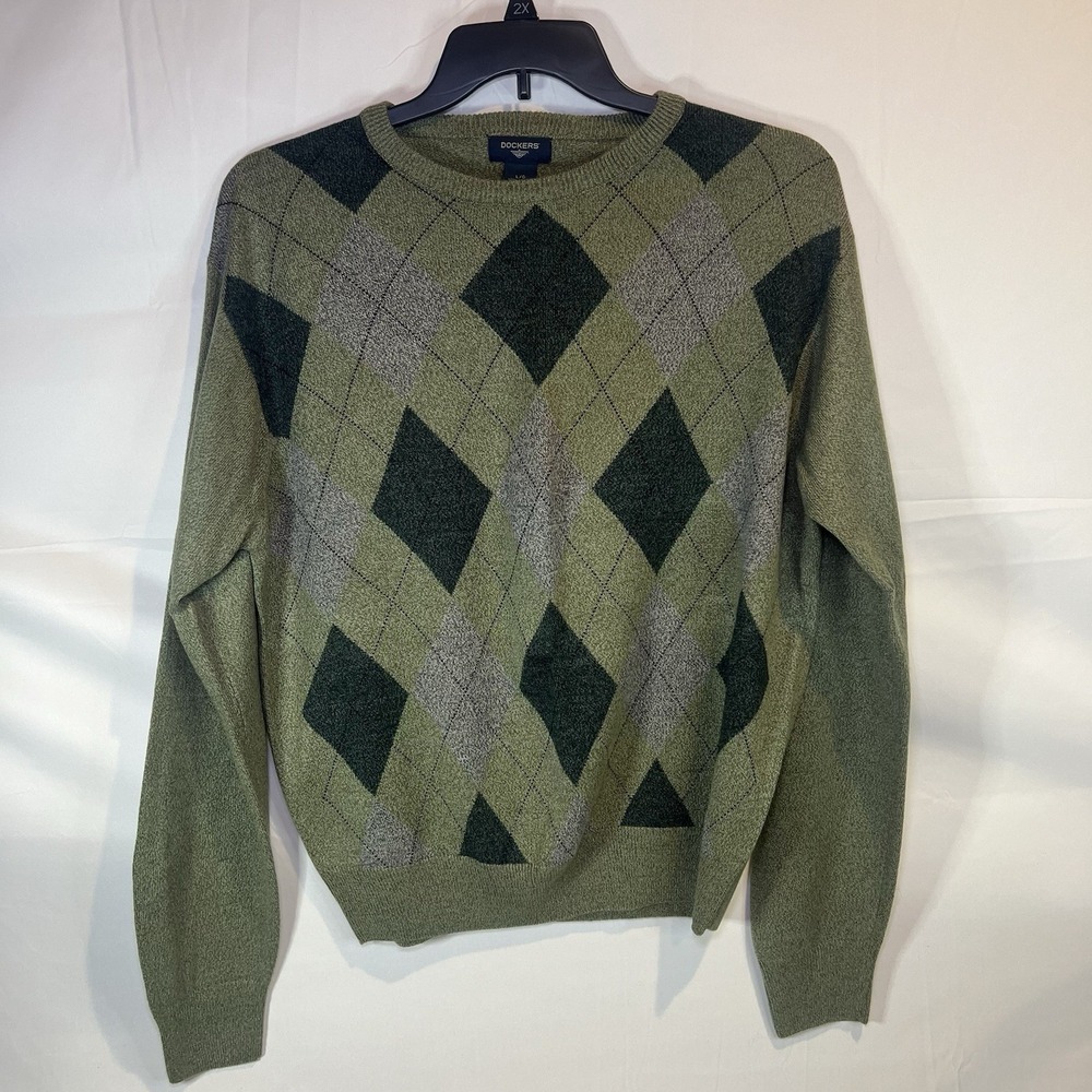 Vintage Dockers Men's L Green Gray Argyle Long Sleeve‎ Pullover Sweater Large